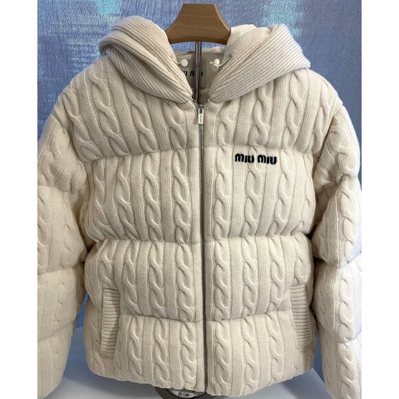 Miu Miu Womens Ivory Cable Knit Puffer Jacket With Hood & Full-Zip Closure - Picture 1 of 16